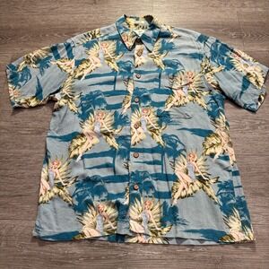 Vintage ME Sport Shirt Mens Medium Blue Hawaiian Camp Resort Novelty Aloha Rayon